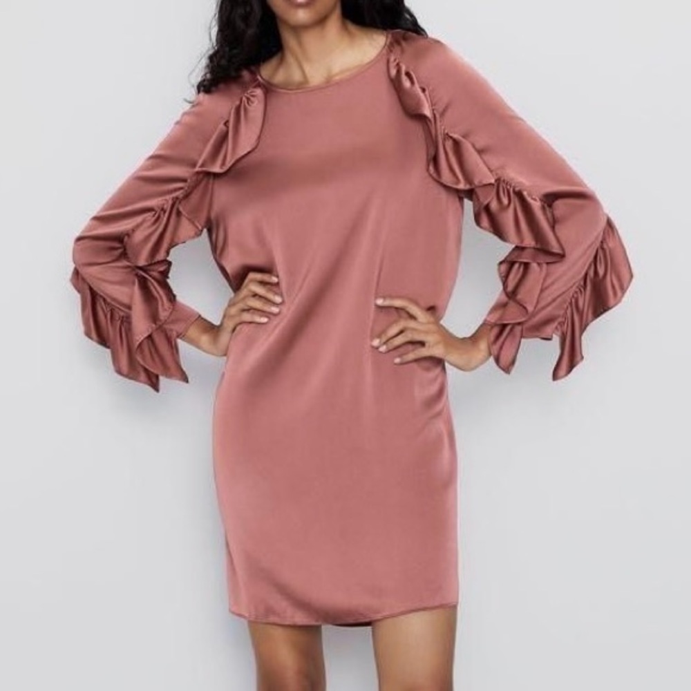 Zara| Pretty Rose Gold Ruffled Sleeve Satin Sheath Mini-Dress Sz XS